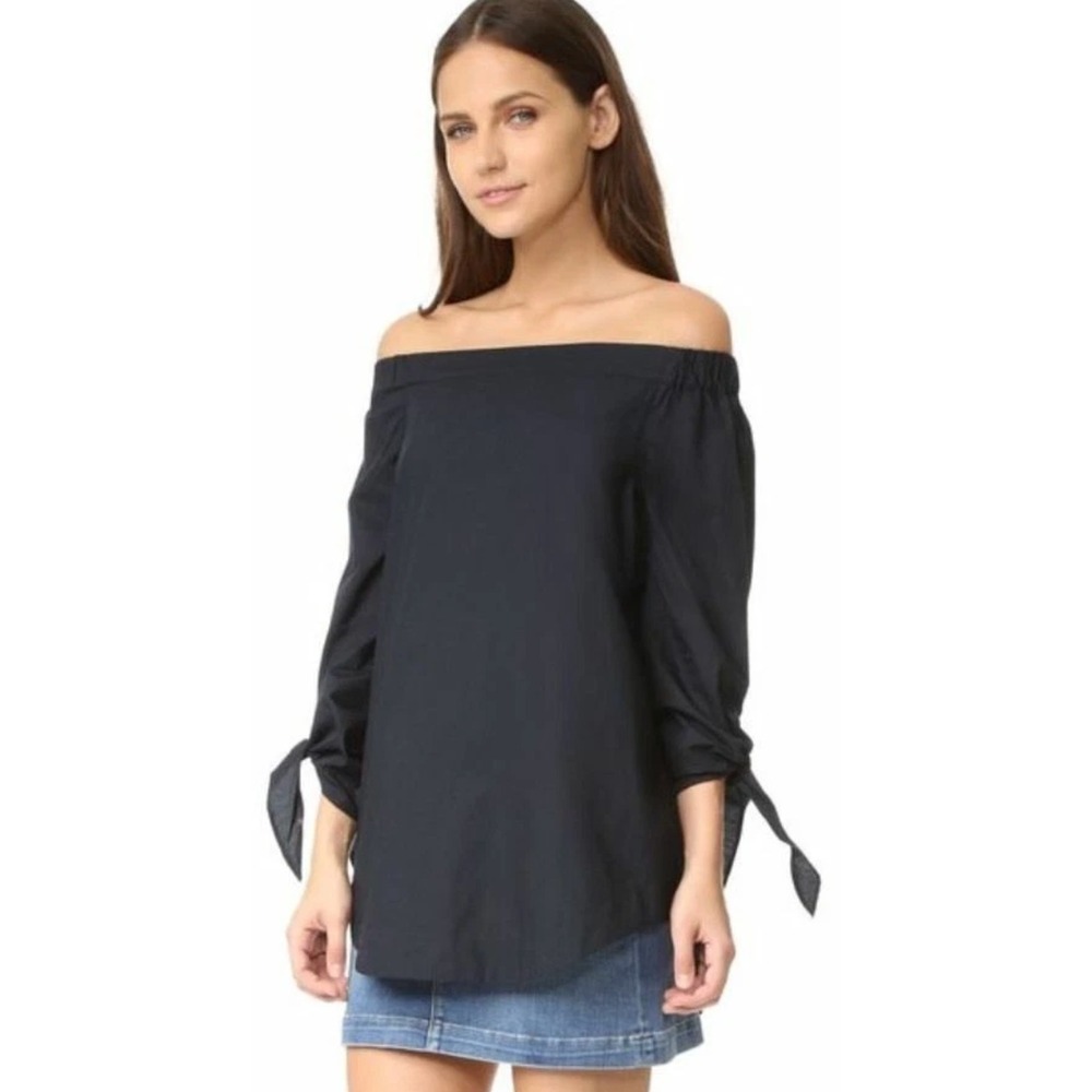 Free People Off The Shoulder Top Tie Sleeve Blouse‎ Size S Black Boho Cowgirl